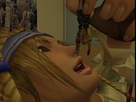 giantess vore city handheld rikku final_fantasy shrunken_man dangle between_fingers looking_at_victim digital_render