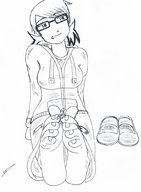 drawing giantess feet monochrome barefoot shrunken_man between_feet darkspeed7