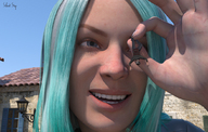 giantess handheld blue_hair looking_at_tiny digital_render