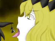 drawing giantess vore blonde color tongue claws yellow_eyes open_mouth dangle black_rock_shooter looking_at_tiny chariot bumblebambi