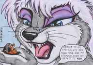 drawing giantess small_man furry mega color teeth handheld cerberus pre_vore wolfess threaten hand_entrapment