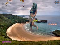 giantess collage long_hair swimsuit beach barefoot ocean sand falling clouds sky shoreline paragliders