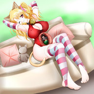drawing blonde barefoot cleavage mouse cat_girl looking_at_viewer sofa shrunken_character stomach_acid stomach_view kuraigts