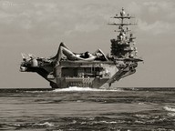giantess collage monochrome ocean military lying_down sky aircraft_carrier sunbathing zed782