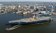 giantess collage city swimsuit water buildings brunette jordan_carver aircraft_carrier sunbathing port downward_angle zed782 norfolk