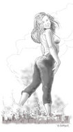 drawing city mega monochrome long_hair destruction clothed smoke looking_at_viewer