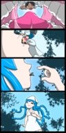 vore comic color tongue teeth saliva blue_hair struggle dress shrunken_man inside_mouth ika_musume jirokatsu squid_girl