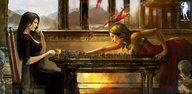 blonde black_hair cleavage dress sitting chess game giantesses artistic giantessfan black_dress watercolor