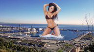 breasts giantess collage mega long_hair swimsuit cleavage water asian wonderslug kneeling looking_at_viewer harbor natasha_yi