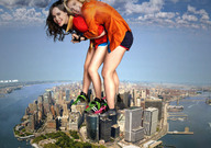 collage city mega blonde bridge destruction buildings brunette smiling legs shorts laughing skyscraper giantesses sky roller_skates new_york_city ellen_page harbor drew_barrymore ps3_has_no_games