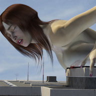 breasts crush buildings blood breast_crush domination red_hair shrunken_man cruel rooftop redfiredog digital_render