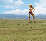 breasts giantess collage panties landscape mega blonde barefoot bra wonderslug cowgirl legs belly foot_print fist field hat hands_on_hips cowboy_hat petra_cubonova pasture cows holding_cow