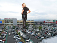 giantess collage blonde clothed high_heels wonderslug running foot_print leather parking_lot vehicle_crush behind_view car_dealership