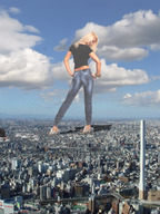 collage city mega blonde destruction clothed high_heels buildings military wonderslug jets skyscraper clouds sky missiles behind_view