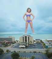 breasts giantess collage mega swimsuit cleavage ocean buildings wonderslug standing sky resort hands_on_hips aniko_michnyaova