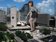 giantess crush city mega destruction rampage skirt buildings blood red_hair bus skyscraper cruel people falling under_foot hat dropped crowds vehicle_crush ps3_has_no_games