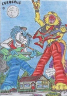 drawing furry color playful purple_hair blue_hair paws cerberus noise teasing women night torment vehicle_crush wolfess yellow_fur guitars