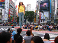 giantess collage city clothed buildings wonderslug walking sunglasses people streets pedestrians ana_cunha baseball_cap