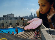 giantess collage city hand palm reaching skyscraper dark_skin rooftop swimming_pool lowerrider looking_at_tiny