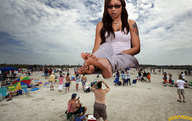 giantess collage beach barefoot brunette sitting sunglasses sand clouds sky pedicure tattoo beach_goers lowerrider