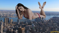 collage landscape city mega swimsuit barefoot cleavage water buildings brunette lying_down skyscraper river looking_at_viewer lowerrider