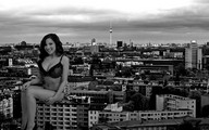giantess collage city monochrome cleavage buildings brunette smiling sitting clouds sky zed782