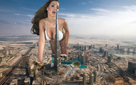 giantess collage city mega large_breasts destruction cleavage brunette crawling burj_khalifa skyscraper open_mouth mallow looking_at_viewer jordan_carver aircraft