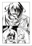 giantess vore small_man comic monochrome black_hair handheld blood high_res looking_at_tiny