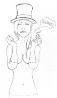 drawing giantess nude vore monochrome handheld gloves shrunken_men navel swallowed pencil_drawing freckles magician