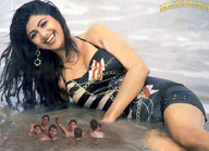 giantess collage black_hair water wet lying_down smile earrings looking_at_viewer swimmers lowerrider