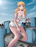 breasts drawing giantess city blonde color swimsuit destruction rampage cleavage parody highway vehicles sky straddling ripped_clothing attack_of_the_50_foot_woman quetzalcoatl29