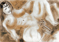 breasts drawing crush insertion nude city monochrome destruction buildings huge_breasts train vehicle_insertion tarrass20020 olivier looking_at_viewer