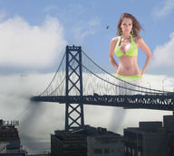 breasts giantess collage city mega swimsuit bridge cleavage water buildings helicopter brunette wonderslug belly sky bikini_top earrings hands_on_hips fog laura_acuña