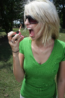 collage vore blonde mouth teeth handheld finger wonderslug shrunken_men hand shrunken_man sunglasses outdoors manicure rings