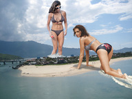 giantess collage swimsuit bridge multiple_giantesses cleavage water ocean buildings brunette island wonderslug crawling sunglasses giantesses standing clouds sky