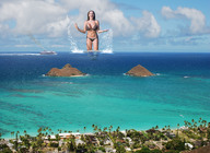 breasts giantess collage mega swimsuit cleavage ocean brunette wonderslug cruise_ship houses palm_trees ships looking_at_viewer jordan_carver resort splashing leopard_print