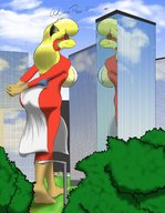 drawing giantess furry anthro city blonde color large_breasts long_hair butt barefoot buildings green_eyes skyscraper vehicles gryphon outdoors sky sideboob mrhappy1987 beak t-bone thick_thighs reflections bare_legs emma_(t-bone)
