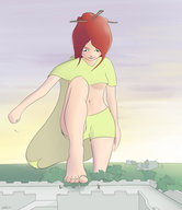 giantess color handheld barefoot castle red_hair underboob shorts cape leper looking_at_tiny