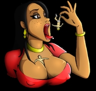 drawing giantess vore black_hair color tongue handheld cleavage shrunken_men dark_skin freckles necklace earrings bracelet between_breasts