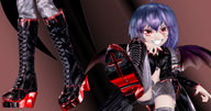 wings touhou purple_hair red_eyes boots remilia_scarlet point_of_view imminent_crush looking_at_tiny digital_render sadistic_smile crosses primantis