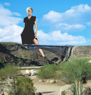 giantess collage blonde bridge low_angle wonderslug dress short_hair sky looking_at_viewer valley maggie_grace