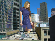 giantess collage city brunette smiling wonderslug looking_down skyscraper sky between_buildings rooftop