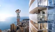 collage city clothed barefoot ocean legs skyscraper looking_at_viewer balcony pacmanri alla