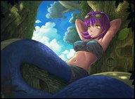 drawing giantess karbo color purple_hair felarya sky snake_girl trees anna_(felarya)