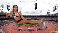 giantess collage toes barefoot soles brunette sitting navel belly thighs looking_at_viewer crowds athletic_giantess sports_stadium lowerrider track jessica_ennis