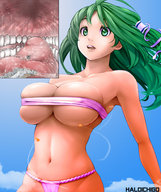 collage vore giga city color large_breasts tongue teeth saliva green_eyes touhou green_hair explosion haloichigo sky sanae_kochiya