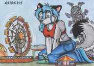 drawing giantess furry wolf color clothed kneeling dizzy cerberus amusement_park ferris_wheel