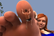 toes domination low_angle red_hair shrunken_men shrunken_man looking_down toe_crush sky under_foot point_of_view looking_at_tiny digital_render