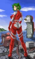 drawing giantess destruction ocean buildings gloves green_hair boots sky pier behind_view body_suit sea_monster
