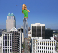 giantess collage city blonde clothed buildings helicopter jeans wonderslug streets sky under_foot looking_at_viewer vehicle_crush madden